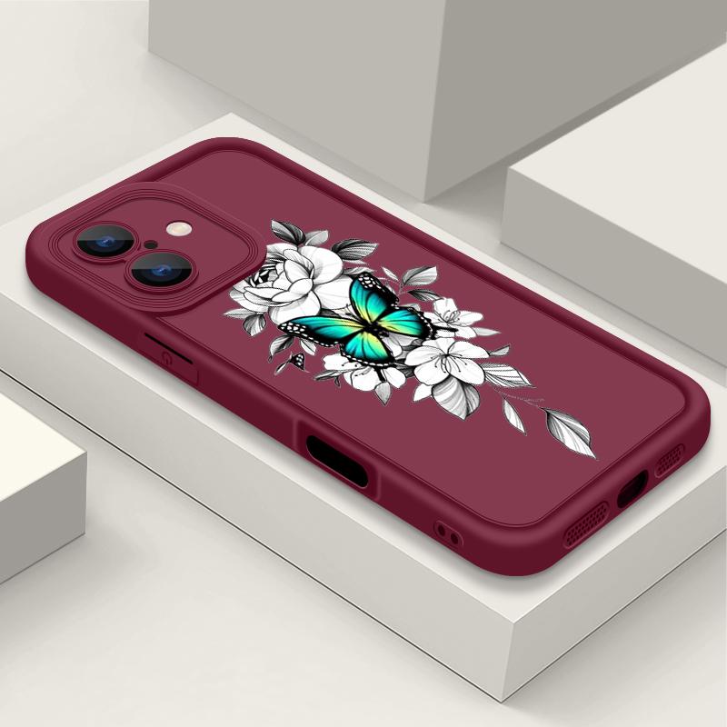 

Ударопрочный чехол с цветочным узором и бабочками для iPhone 16 Pro Max 15 Plus 14 Pro 13 12 11 XS XR 8 7 TPU Мягкий матовый силиконовый чехол для телефона Shell iPhone 7 / 8 вино красного