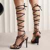FOREADA Women Pu Leather Sandals Thin Super High Heels Cross Strap Lace Up Sexy Party Summer Shoes Black Yellow Orange Red
