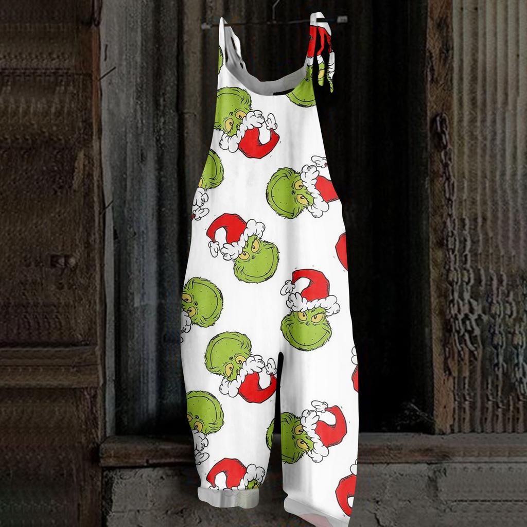 Women's Casual Loose Jumpsuit Christmas Print Wide Leg Jumpsuit Sleeveless With Pockets