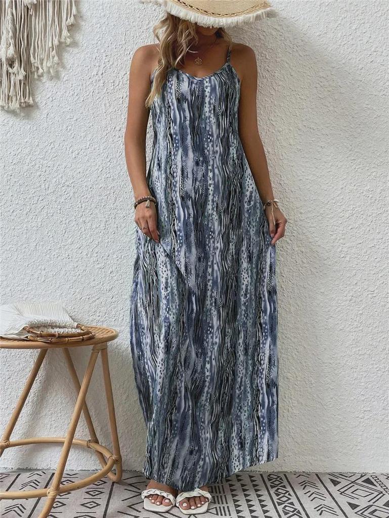 Women's Summer Boho Maxi Dress Spaghetti Strap Flowy Printed Plus Size Long Dress