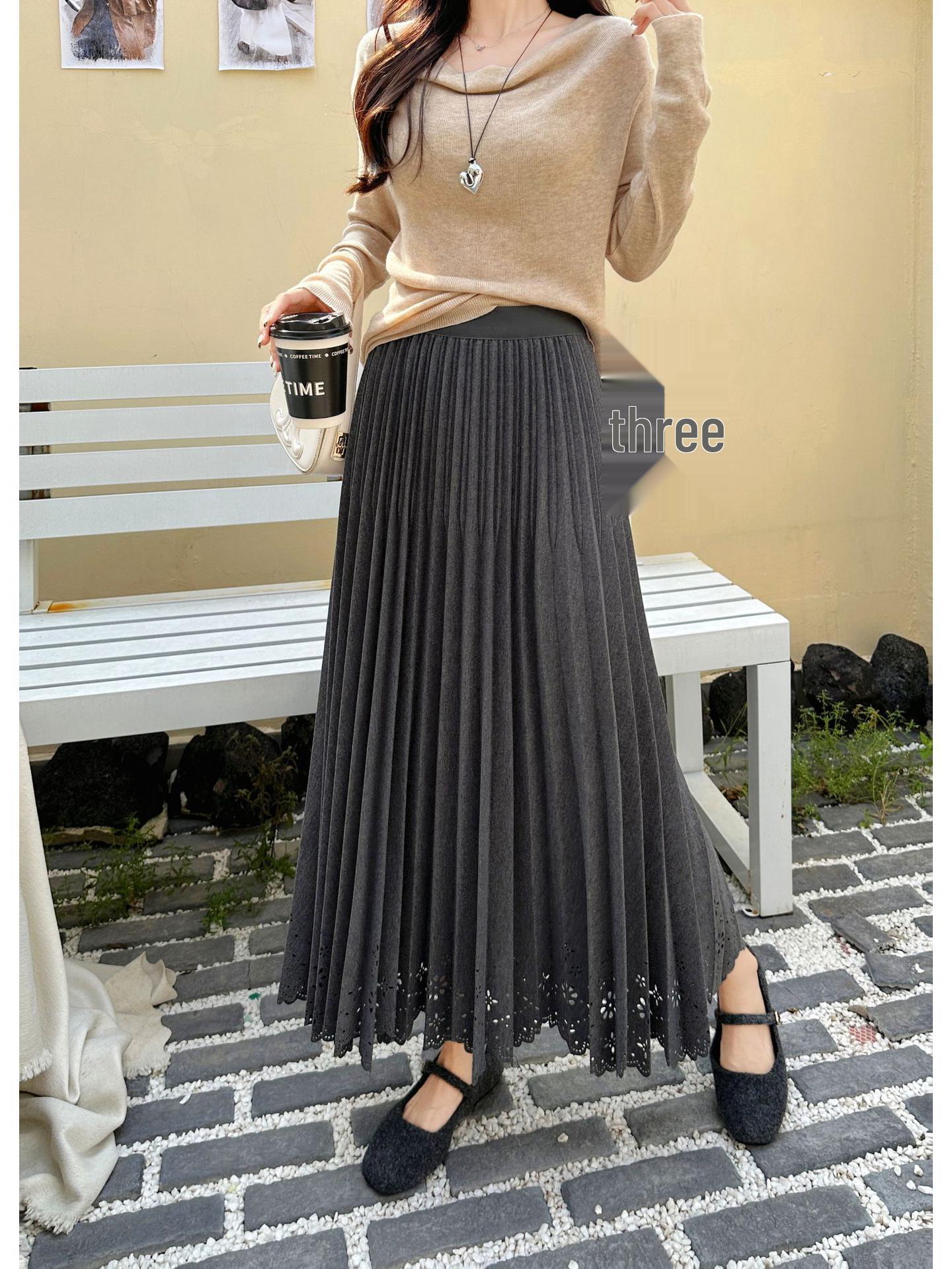 

Stylish High-Waisted Wool Plaid Pleated Skirt with Burnt Flower Design for Fall/Winter One Size темно-серого