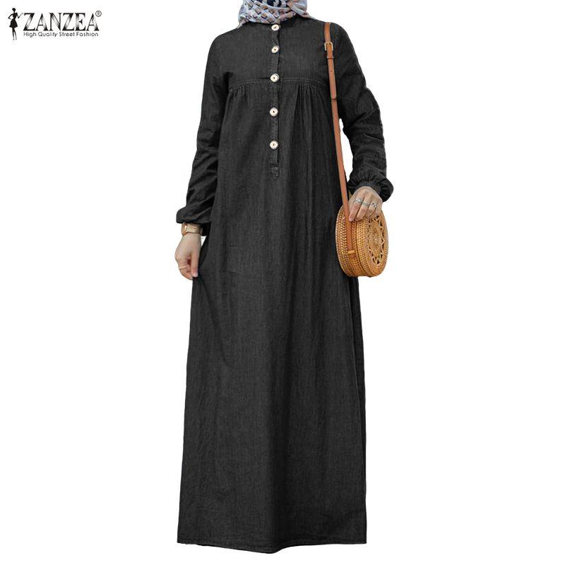 ZANZEA Vestido largo suelto informal de manga larga con cuello redondo para mujer