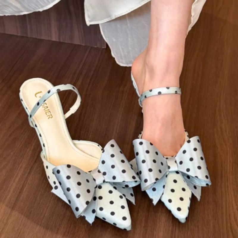 French Polka Dot Not Tired Feet High Heels Women 2026 New Bow One Strap Back Empty Wrapped Head Sandals