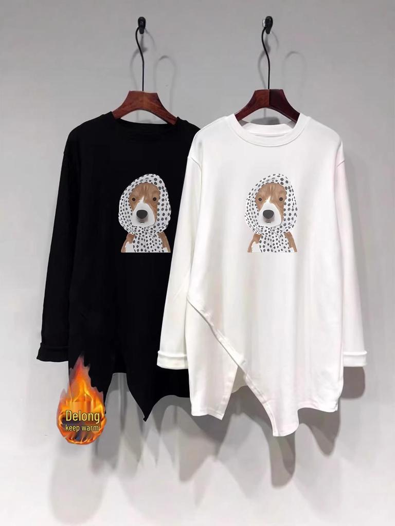 Great Deal: Irregular Split Brushed Thermal Long-Sleeve T-Shirt, Mid-Length, Loose, Slimming Top