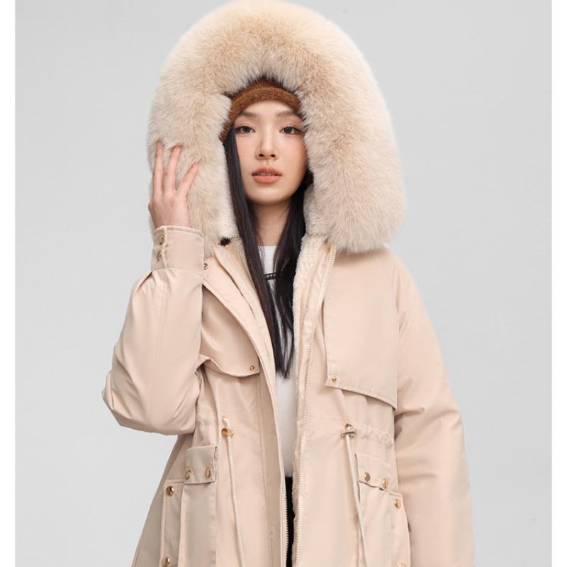 Veste d'hiver pour femme à col en fourrure, à capuche, coupe-vent, légère, épaisse, chaude, mi-longue, décontractée, sportive, parka, veste en coton