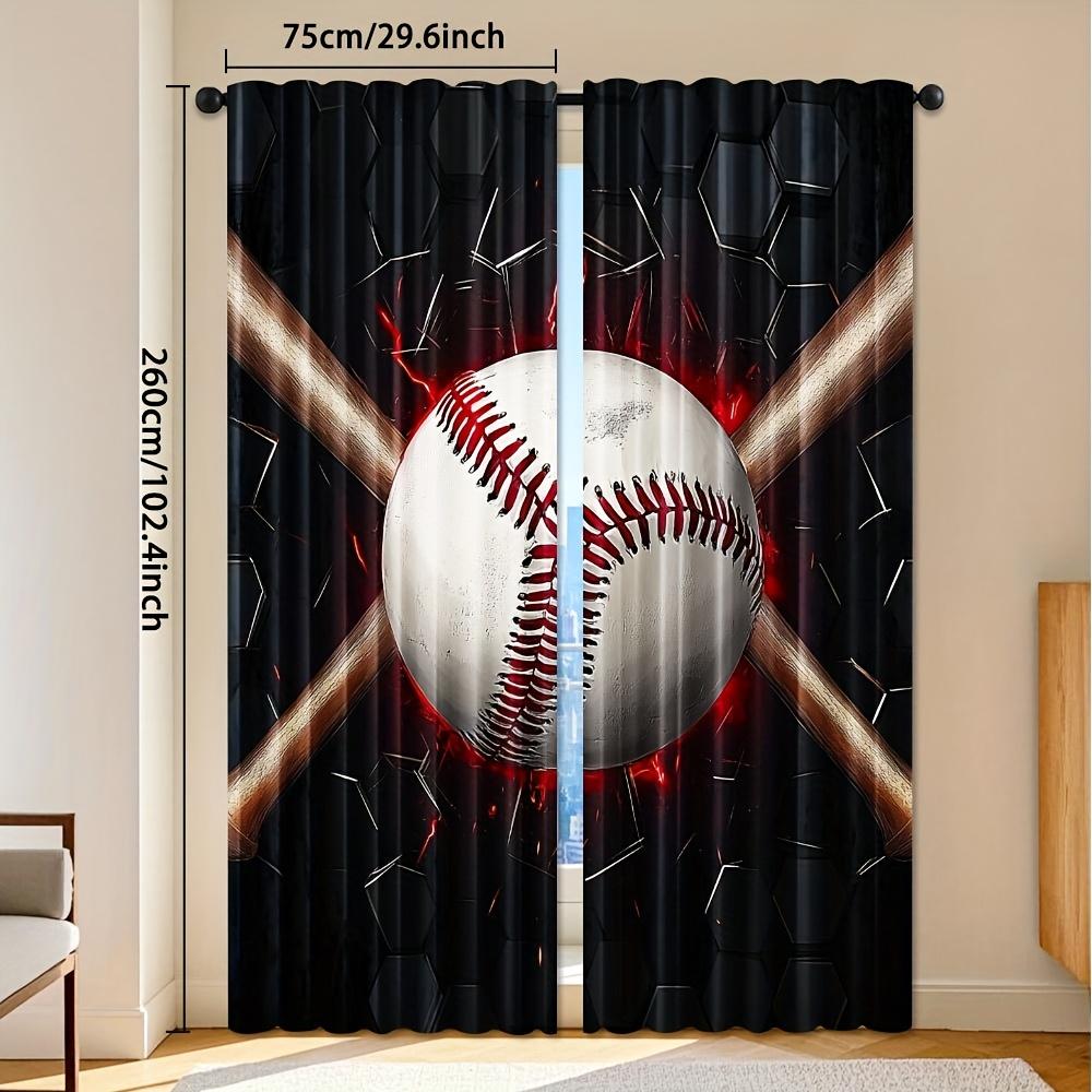 2 Stück Baseballschläger-Druck Fenstergardinen - Schwarz & Rot Sport-Thema Fensterbehänge mit Stangentasche für Schlafzimmer   Wohnzimmer   Büro