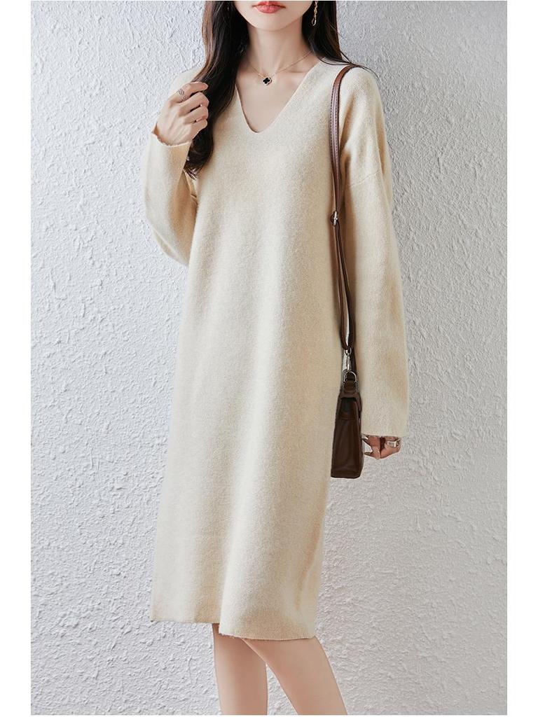 2025 Nowa Koreańska Sukienka Wełniana Dzianinowa o Długości Midi z Dekoltem V na Jesień i Zimę