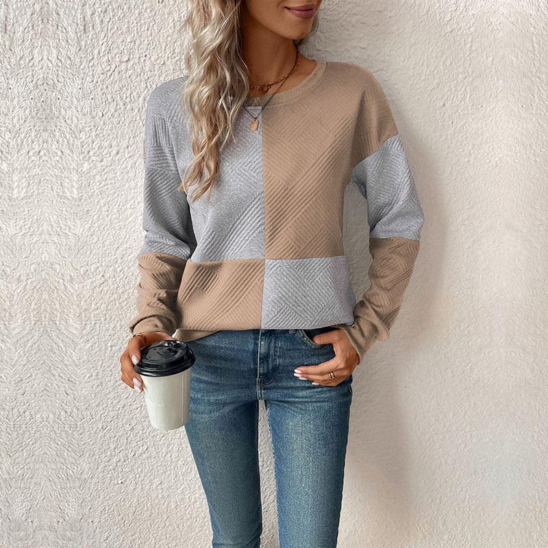 Top 2025 Efterår Ny Langærmet Farveblokeret Pullover Rund Hals Sweatshirt Moderigtig Alsidig