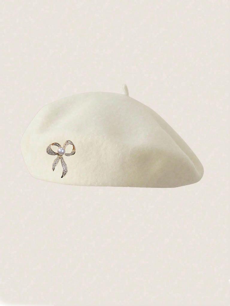 Berretto Stile Francese Donna Fiocco di Perle Cappello di Lana Monocolore