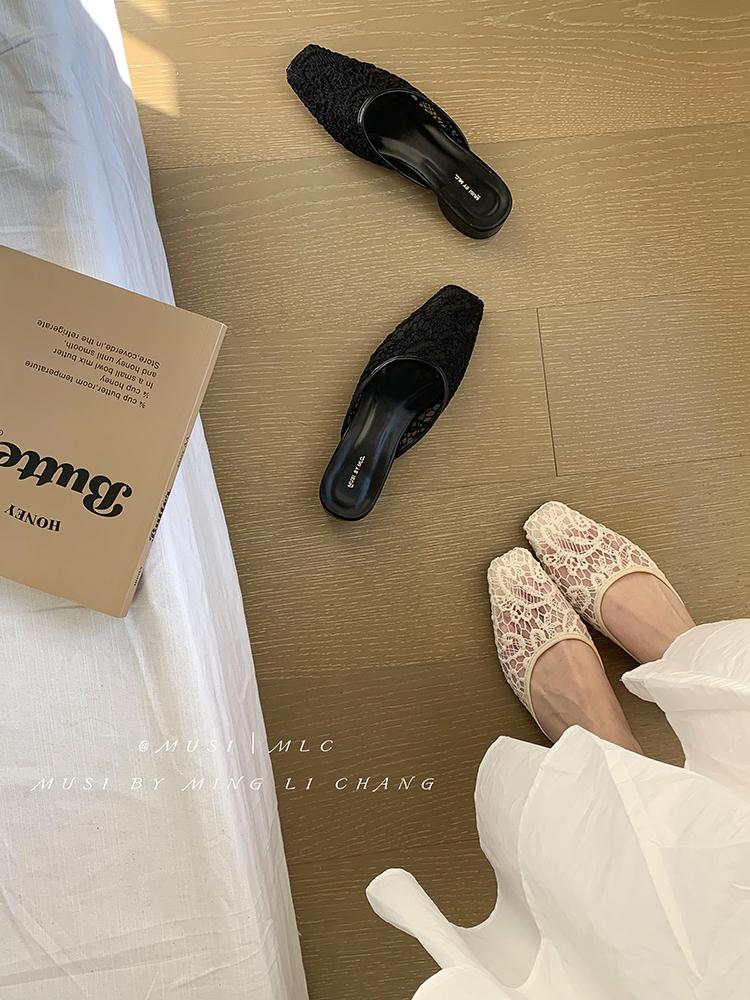 Women‘s Summer New Sandals Casual Slip on Lady Mules Mesh Low Heel Comfort Slippers Square Toe Slingback Ladies Flat Sandals