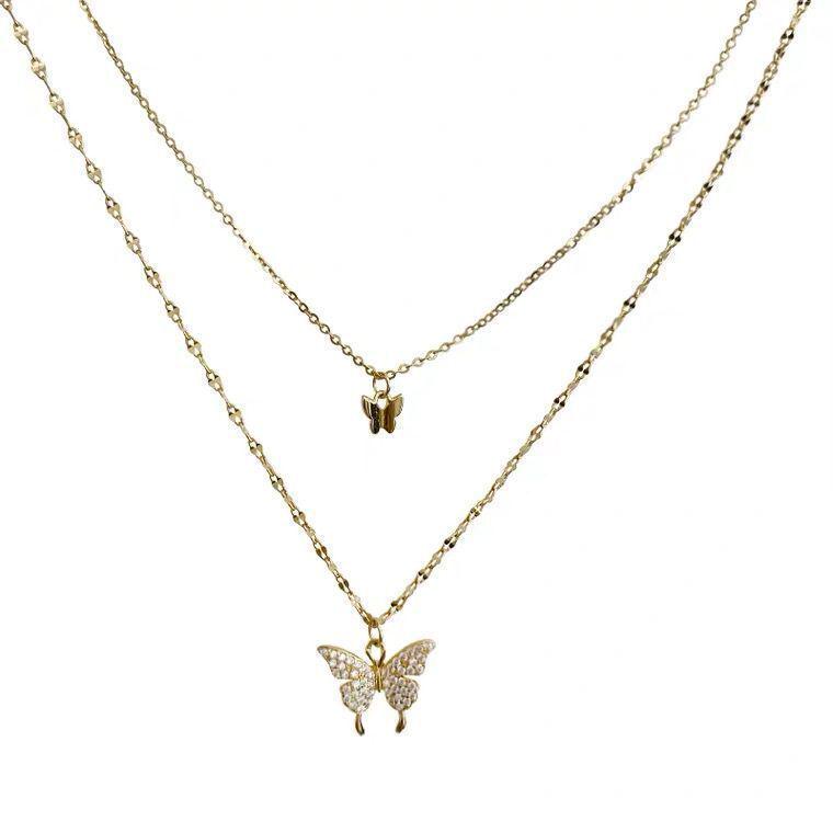 Butterfly Double-Layer Diamond Inlaid Necklace - High-End Cool Style, Shiny, Simple, Versatile Accessory for Women.