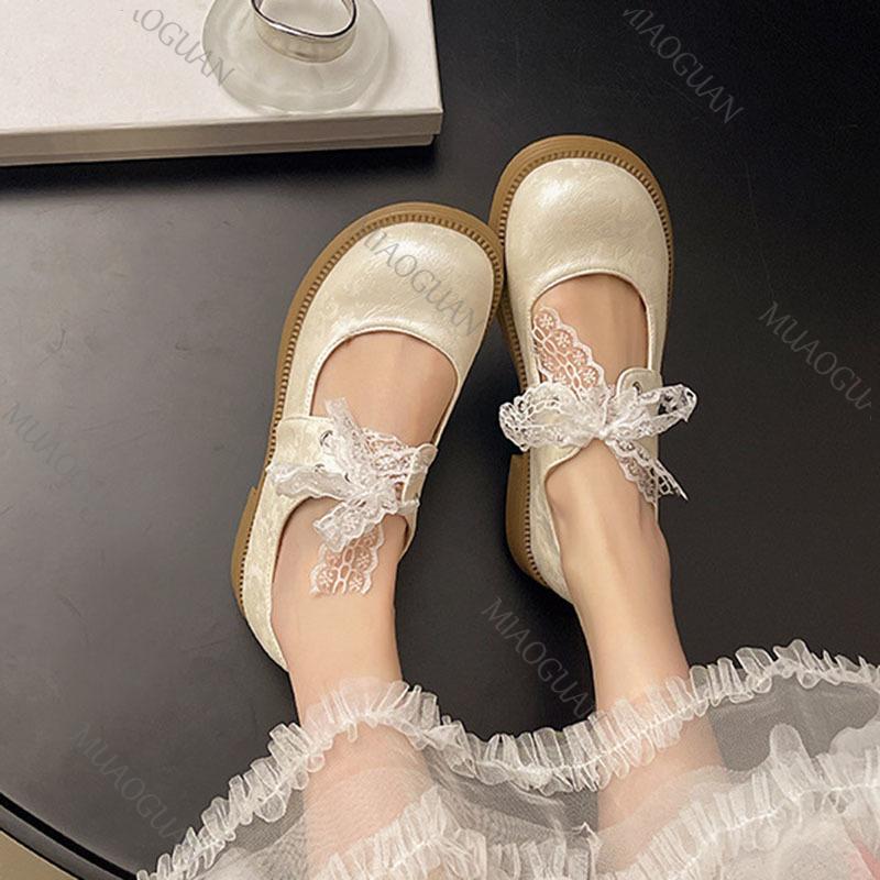 Retro Silver Heightening Pumps Thick Bottom Shallow Mouth Single Shoes Women Spring Autumn Lace Bow Middle Heel  Mary Jane Shoes