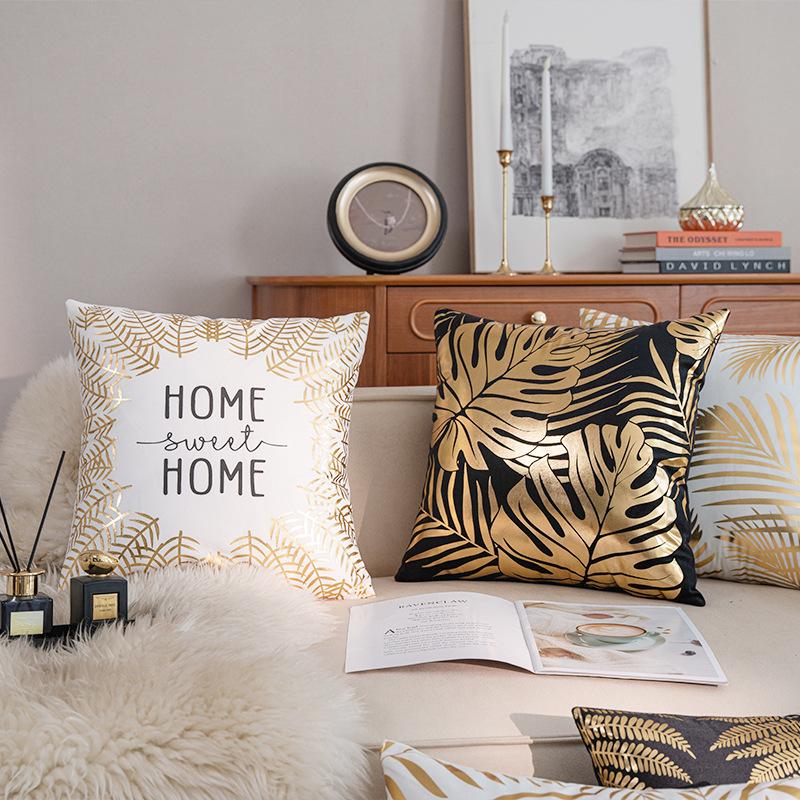 New Hot Stamping Leaf Letter Pillow Case Short Plush Black and White Sofa Bedroom Cushion Pillow