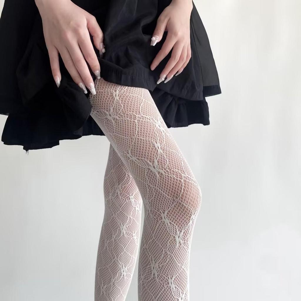 Retro Floral Jacquard Fishnet Stockings, Y2K Black Anti-Snag Stockings for Women