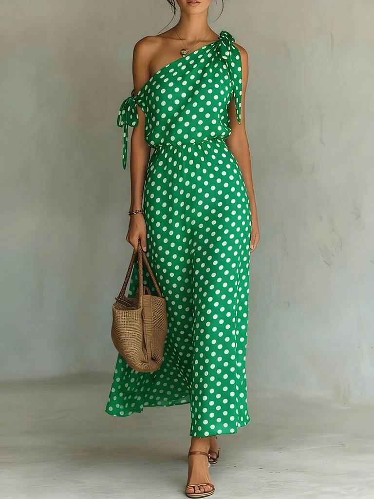 2026 European & American Style Women's Off-the-Shoulder Sleeveless Polka Dot Casual Dress