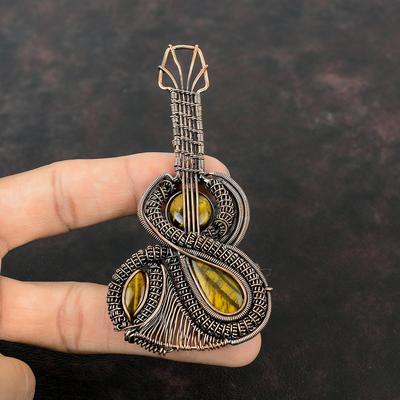Kaplan Gözü Kolye Bakır Tel Sarılı Kolye Gitar Kolye Değerli Taş Kaplan Gözü Takı El Yapımı Kolye Yıl Dönümü Hediyesi Bakır Takı