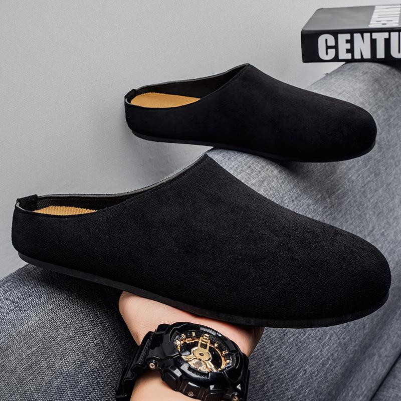 Men's Slippers New Retro Solid Color Flat Bottom Women's Slingback Shoes Closed Toe Round Toe Suede Clogs Sandals Autumn