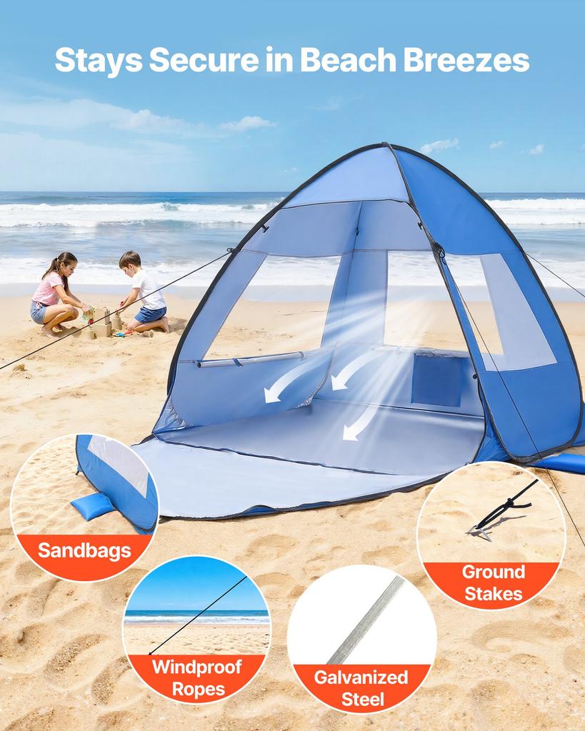 VEVOR Beach Tent Sun Shelter for 2 Person, UPF 50+ Protection, Portable Sun Shade Canopy with Carrying Bag & Sand Pockets
