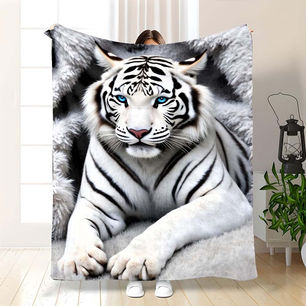 1pc 3D White Tiger Print Soft Flannel Throw Blanket Warm Cozy Fuzzy Blanket for Home Bedroom Sofa Couch