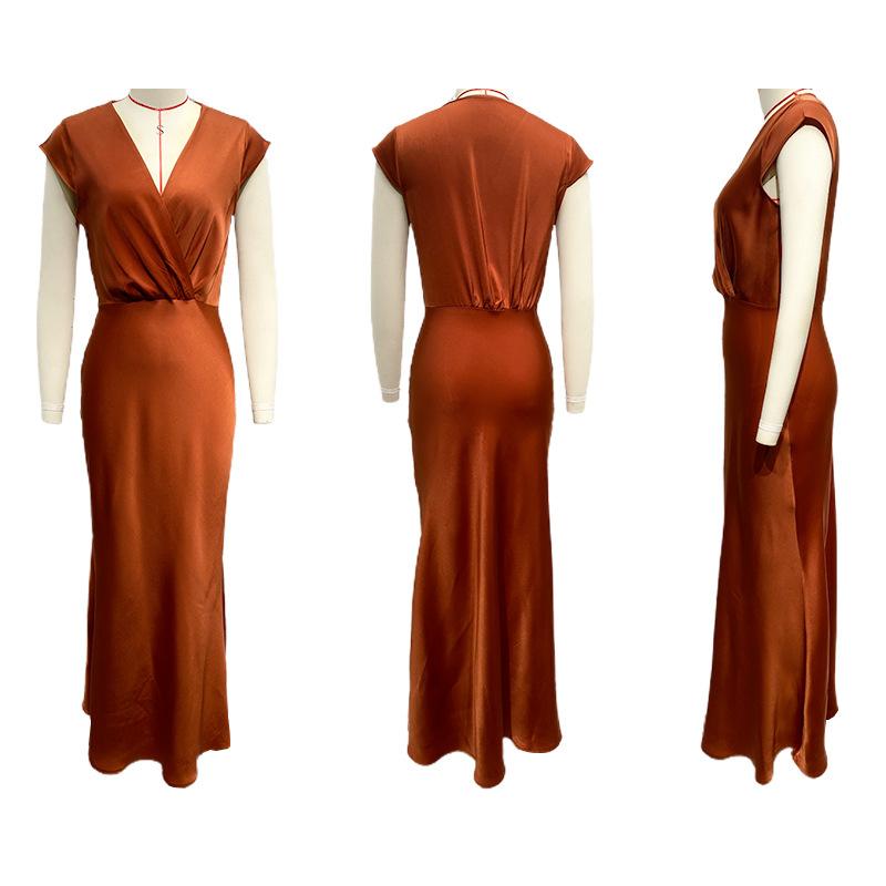 Women Design Short Sleeve Solid Color Ankel-Length Dress V-neck High Waist