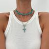 Ethnic Style Imitation Turquoise Cross Beaded Necklace, Retro Love Bow Pendant Collarbone Chain