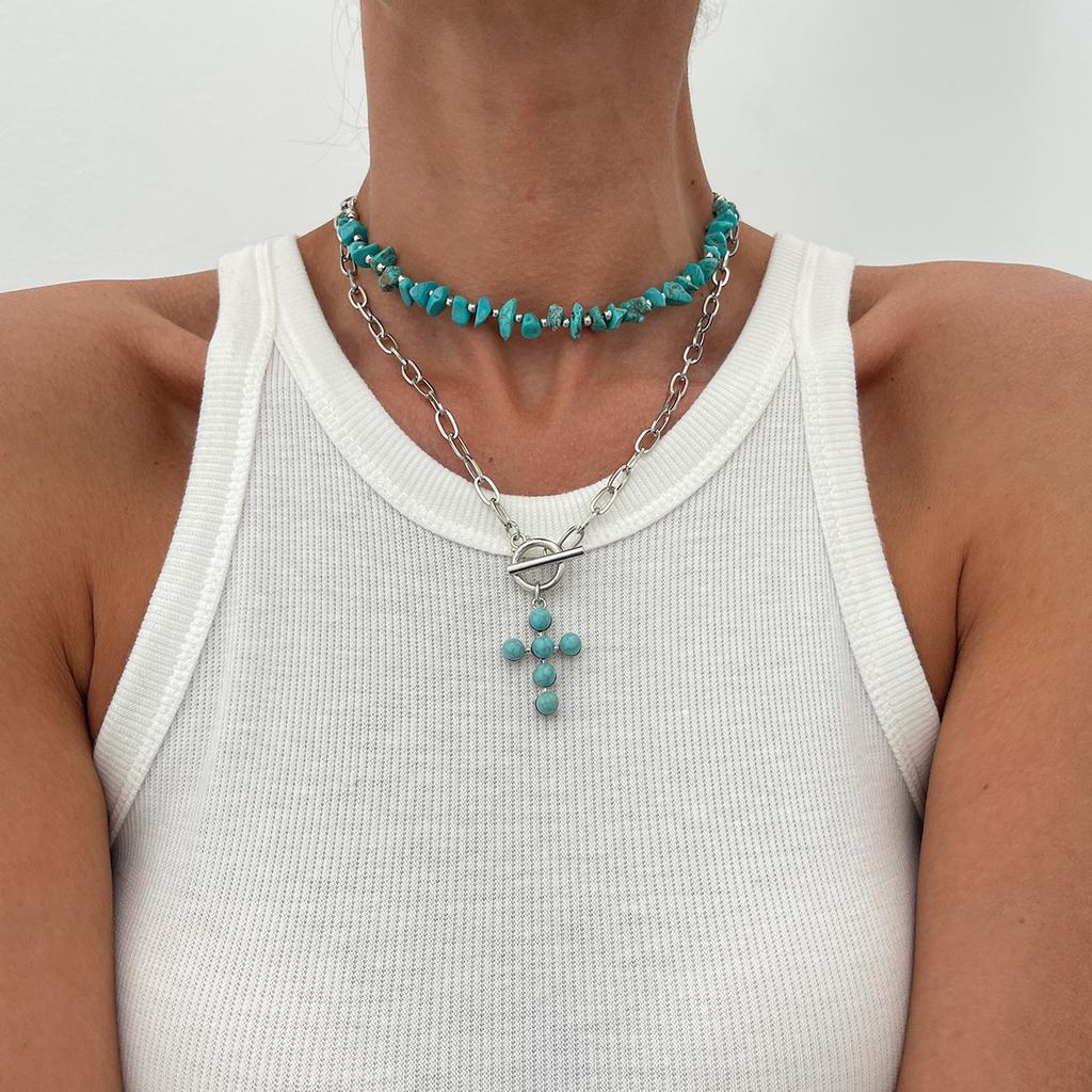 Ethnic Style Imitation Turquoise Cross Beaded Necklace, Retro Love Bow Pendant Collarbone Chain