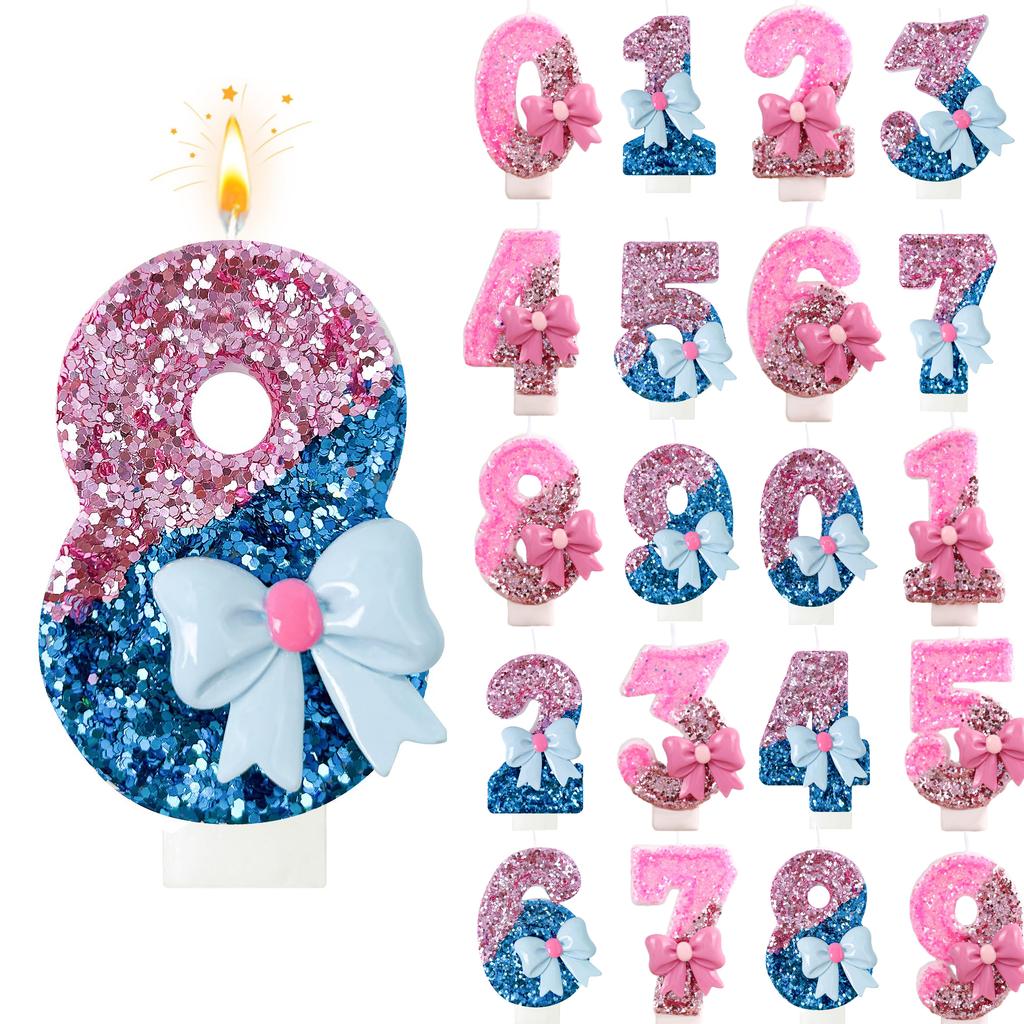 Velas de Aniversário com Laços Rosa e Azul, números 0-9 Decoração de Bolo, Adequado para Aniversário Evento Casamento Decoração Suprimentos