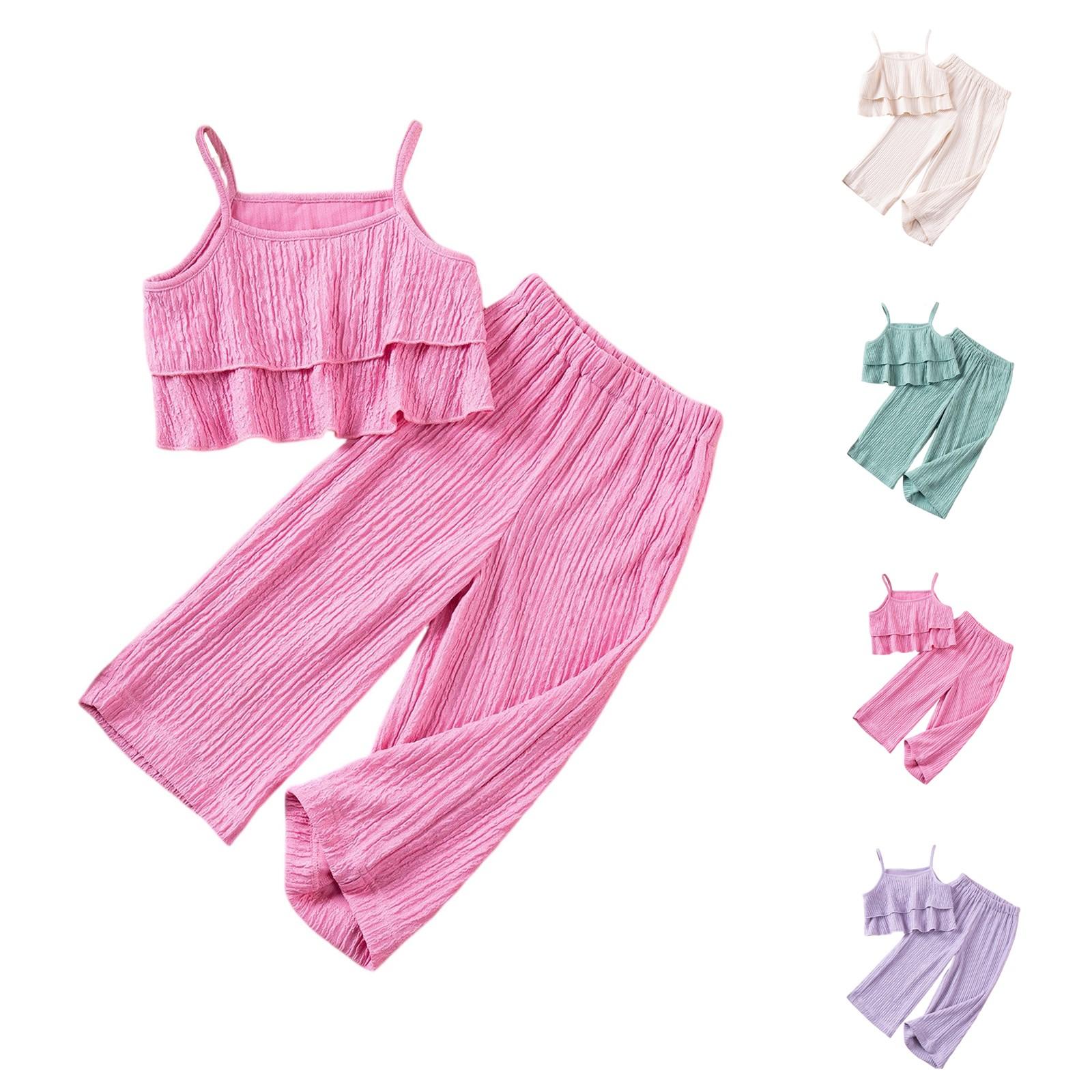 

Girls Off-Shoulder Set - Solid Color Top & Wide Leg Pants 120
