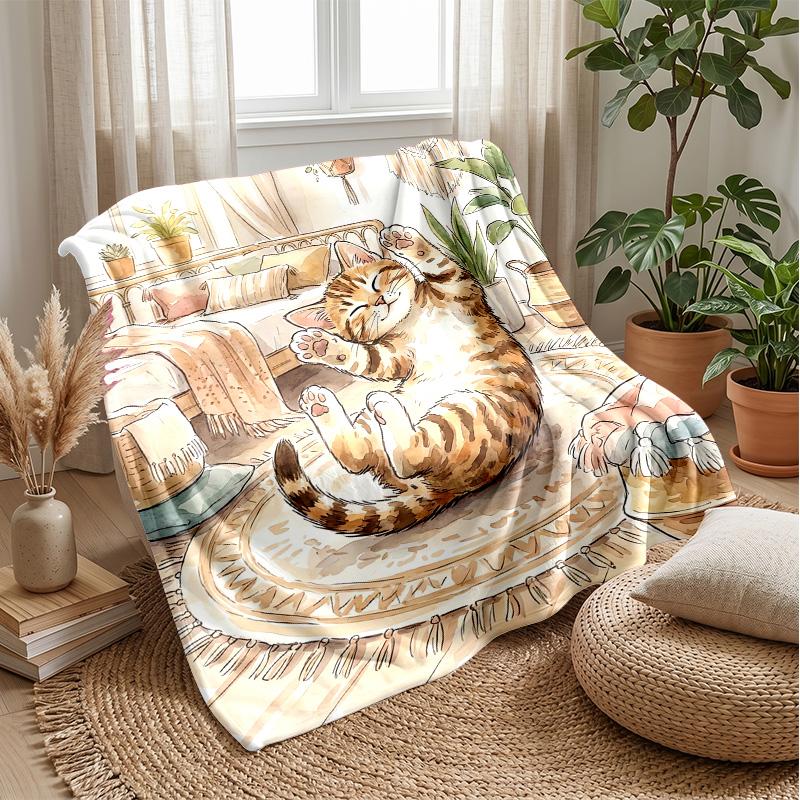 Rainbow Mermaid Cat Pattern Theme Blanket Lightweight Warm Flannel Blanket Decorative Throw Blanket for Home Decoration