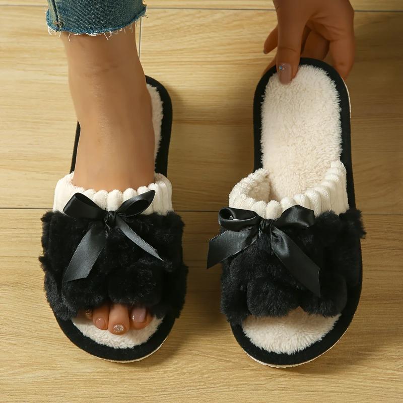 New Bow Decorative Plush Slippers For Women Autumn Winter Warm Indoor Home Soft Sole Lightweight Slides Furry Cotton Shoes
