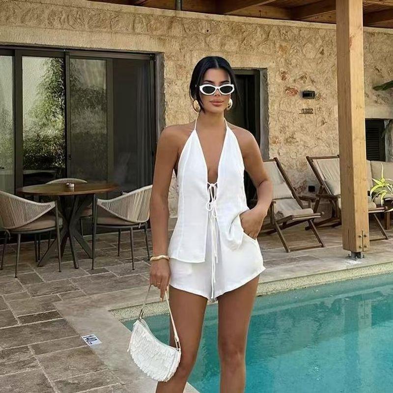 Western Style Sexy Backless Halter Top Shorts Two-Piece Sexy Lace up Vest Shorts Set