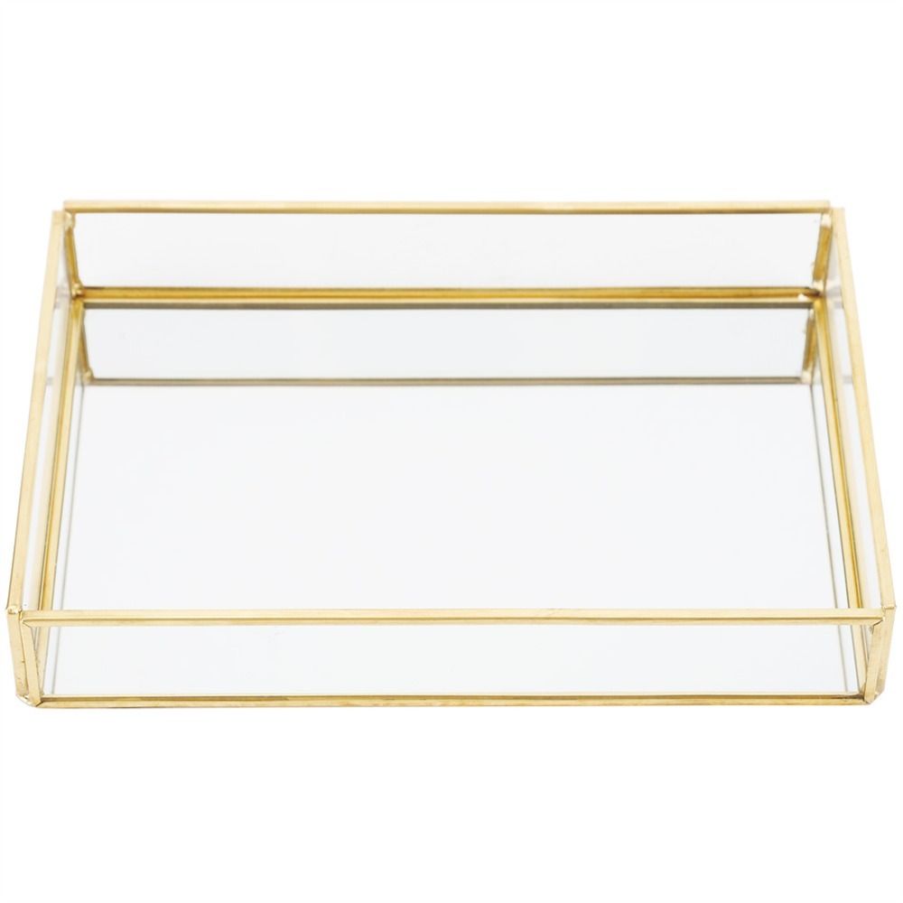 Vintage Metal Glass Storage Box Gold Rimmed Glass Jewelry Display Box Rectangular Translucent Compartments Gold Tray