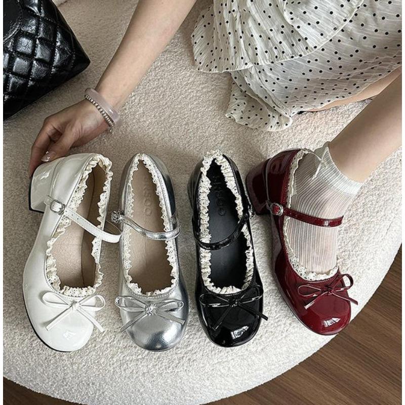 Silver French Ballet Shallow-mouthed High Heels Women Mary Jane Shoes Height-increasing Single Shoes Pumps Dress Low Heel Shoes