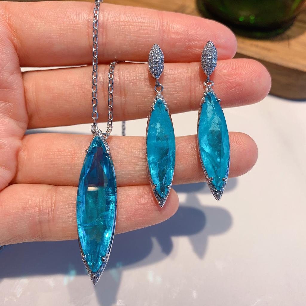 Jewelry Blue Simulation Paraiba Earrings Necklace Jewelry Set Earrings 8 * 27 Pendant 10 * 35