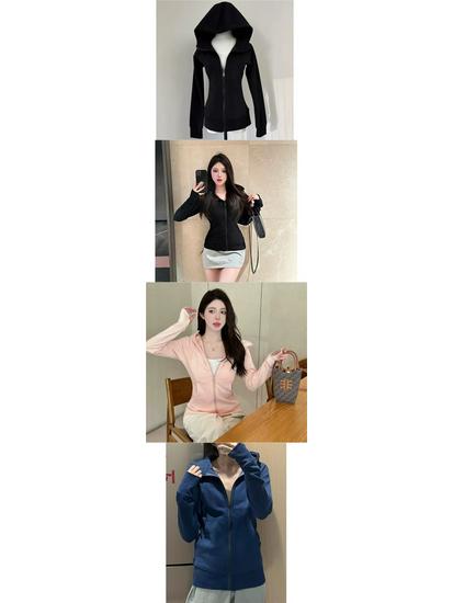 Women's Spring Hooded Cardigan - Sporty Slim Fit, Cinched Waist, Stylish Drop Shoulder, Versatile Short Top for Dopamine Dressing
