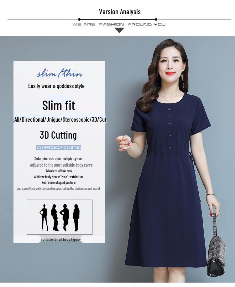 Loose Plus Size Summer Fashion Dress for Middle-Aged & Elderly Women - Solid Color, Mid-Length, Short Sleeves