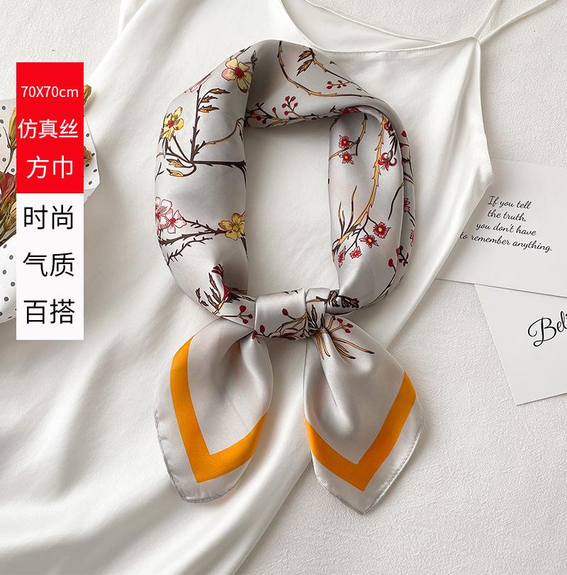 Plant flower silk scarf women's new small square scarf 71cm simulated silk scarf stewardess scarf spring and autumn hair tie bag
