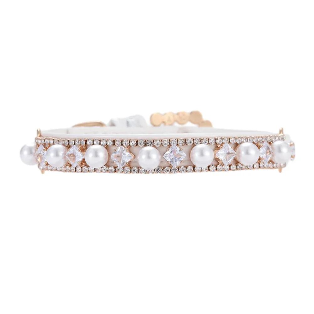 Luxury Pet Dog Pearls Collar and Leash Pearls Puppy Necklace Leather Pearl Leash with Crystal Rhinestone Small Dog Accessories