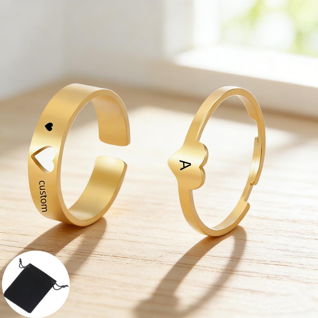 Customized Name Letter Heart Shaped Couple Ring Stainless Steel Simple Love Open Adjustable Ring Fashion Couple Gift