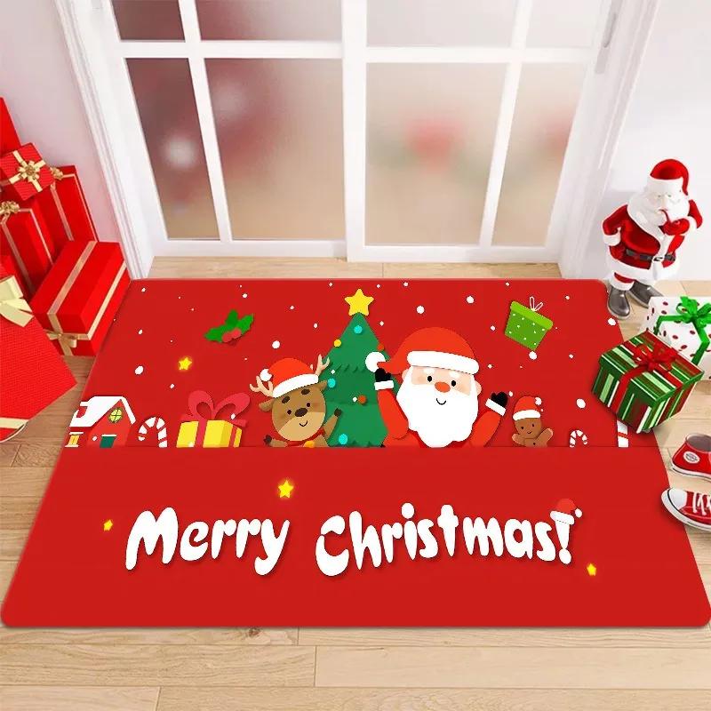 Weihnachts-Fußmatte mit festlichen Mustern wie Schleifen Stechpalmen Weihnachtsmann Rentier Karomuster Geweih Rutschfest Willkommen Eingang Ru