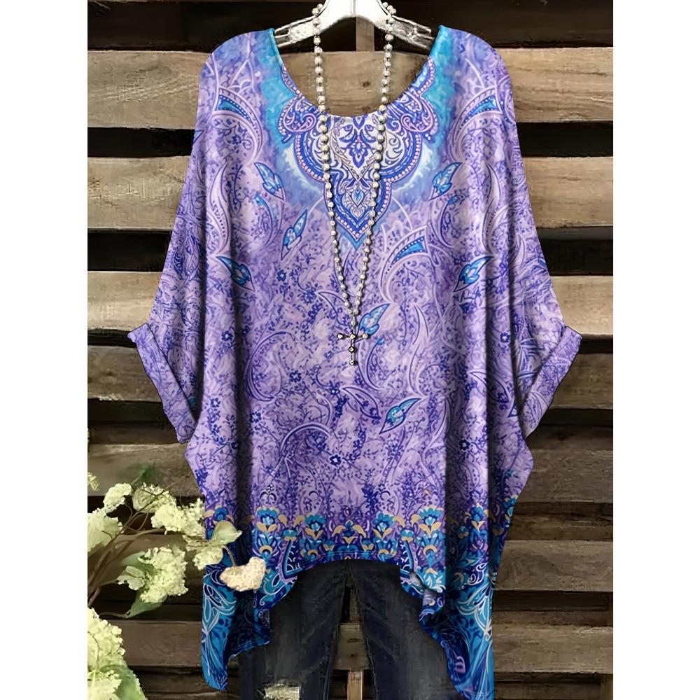 Summer Women's Bohemian Style Print T-Shirt Tops Fashion Striped Flower Graphic T-Shirt Casual Comfort Short Sleeve Y2k Clothes