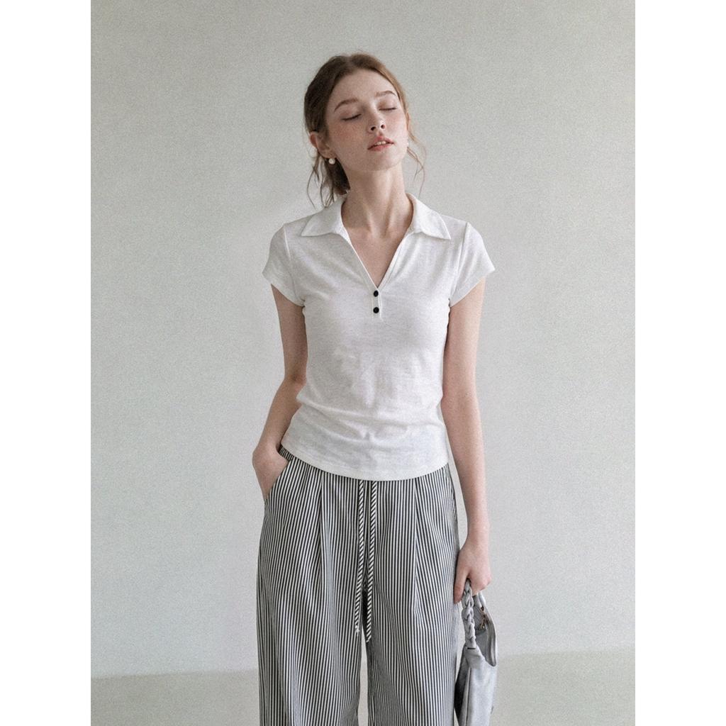 White shoulder V-neck POLO shirt short-sleeved T-shirt women's summer new design slim-fitting and thin shirt top