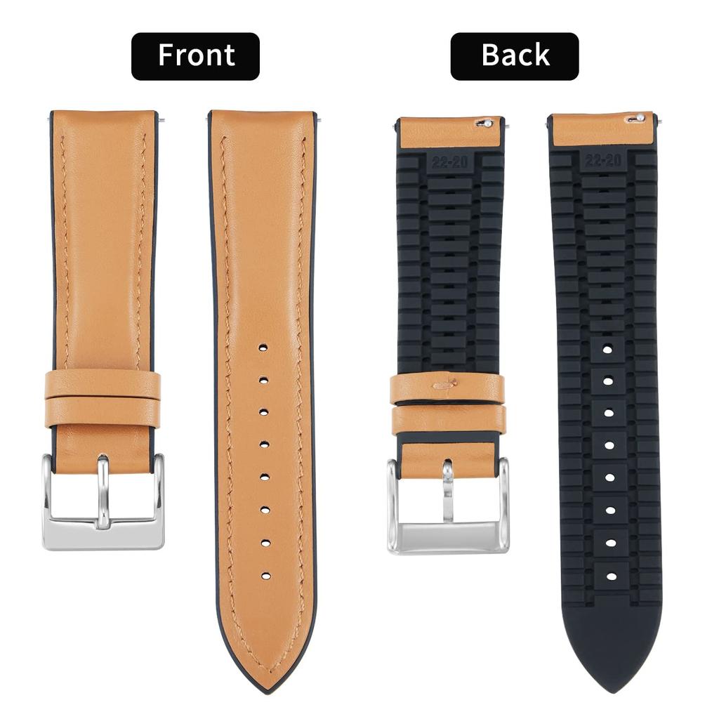 Leather Watch Band with Inner Rubber Breathable Hybrid Quick Release Watch Strap Wristwatch Strap Smartwatch Strap Unisex Silver [BINLUN] (Light