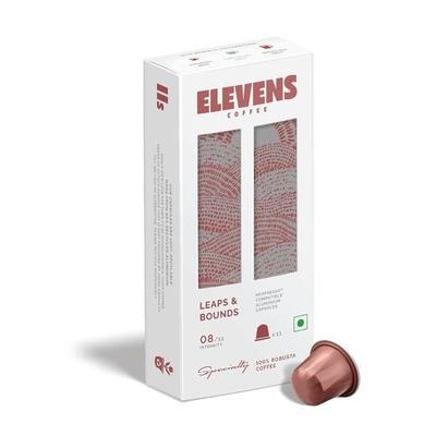 ELEVENS COFFEE | Riesensprünge | Spezialkaffeekapseln | 100% Robusta | 11 Aluminium-Kaffeepads (10 + 1) | Mittlere Dunkle Röstung | Intensität 8