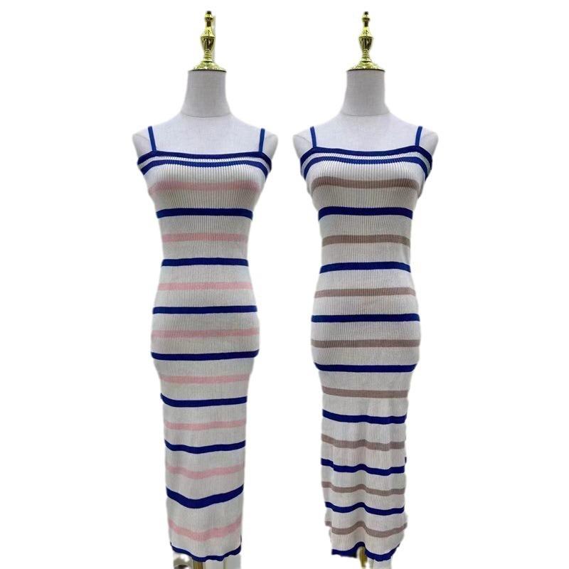 Striped Knitted Suspender Skirt Summer Clavicle Vest Dress Women's Waistband Hip Skirt Mid-length Sleeveless Skirt