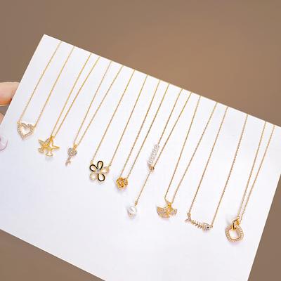 Titanium Steel Popular Necklace, Pearl Micro-Inlaid Geometric Fishtail Butterfly Peach Heart Collarbone Chain