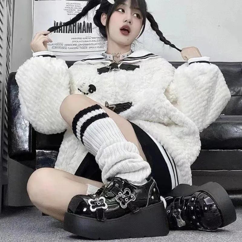 

Модные панк металлические цепочки массивная платформа ботильоны женские 2024 зима Y2K толстая подошва джинсовые женские черные готические лолита туфли 35 чёрный