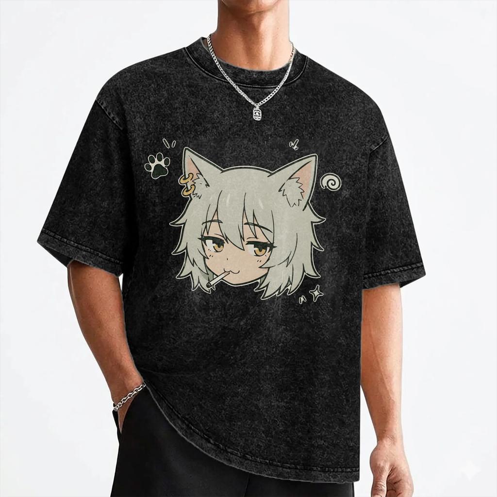 Chainsmoker Cat Yani Neko Anime T Shirt Washed Short Sleeve Harajuku T-Shirt Vintage Men Women Streetwear Printed Tee Shirt