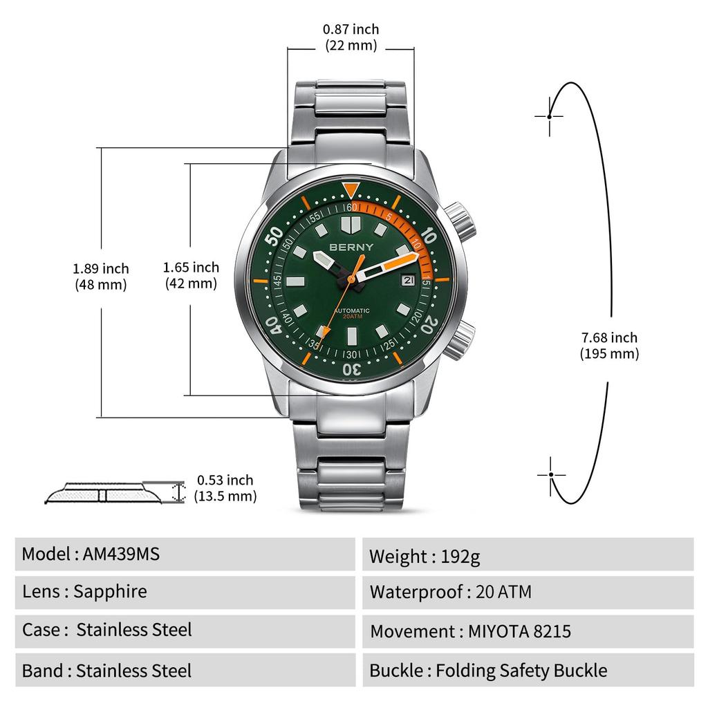 BERNY Klokke Automatisk Klokke Dykkerklokke Automatisk Mekanisk Klokke 20ATM Vanntett Safirglass Superlysende Klokke Dykkerklokke Herre Herre Dykkerklokke