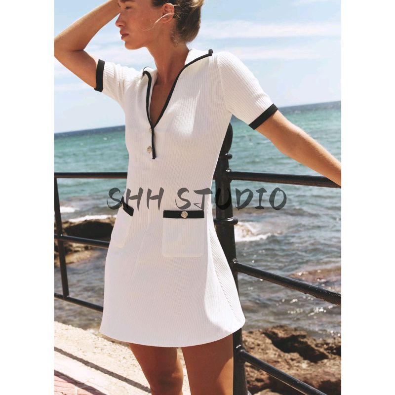 Summer New Product Women's Clothes Contrast Color Trim Short Sleeve V Neck Short Metal Button Rib Dress 4770154